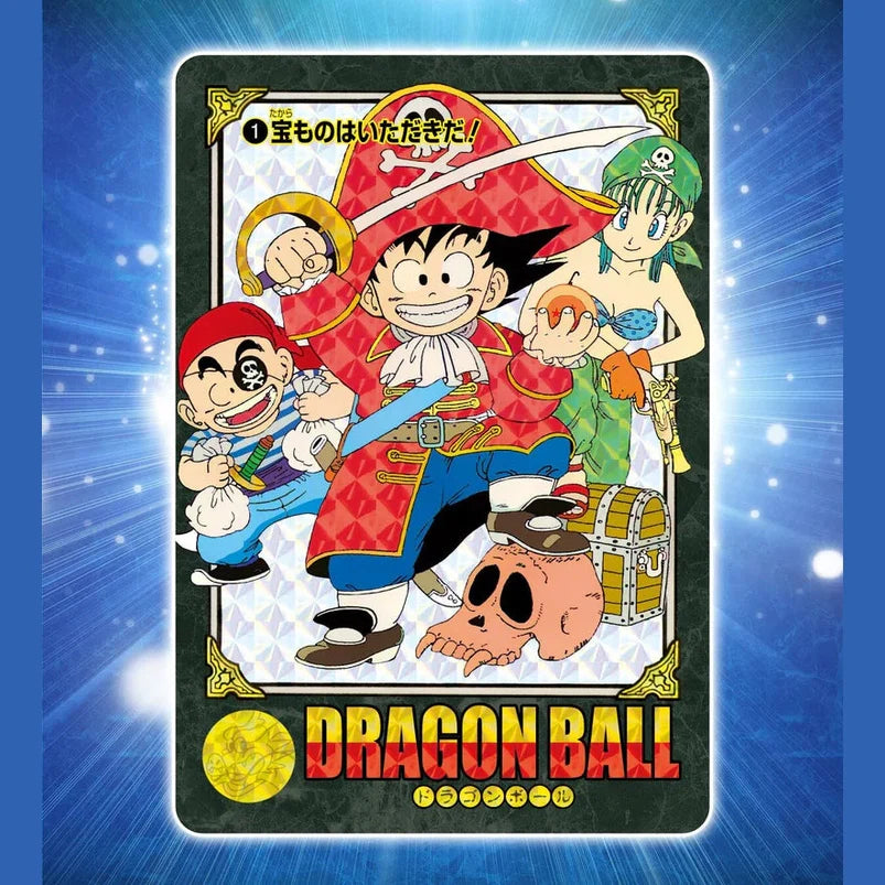 Dragon Ball pirate adventure card with sparkles and blue radial burst background featuring treasure scene