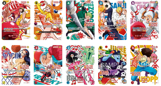 One Piece Card Game ROUND1 promo set showing 10 sports-themed Straw Hat crew trading cards